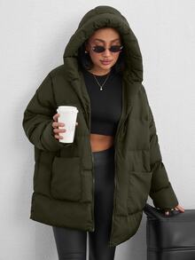 SHEIN Tall Zip Up Hooded Padded Coat With Two Pockets - Army Green - View 4