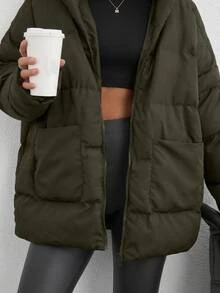 SHEIN Tall Zip Up Hooded Padded Coat With Two Pockets - Army Green - View 8