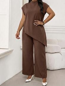 SHEIN Lady Autumn New Plus Size Women's Brown Striped Stand Collar Top (Suitable For Office, Tea Party, Party And Other Occasions, Brown Color) - Multicolor - View 4