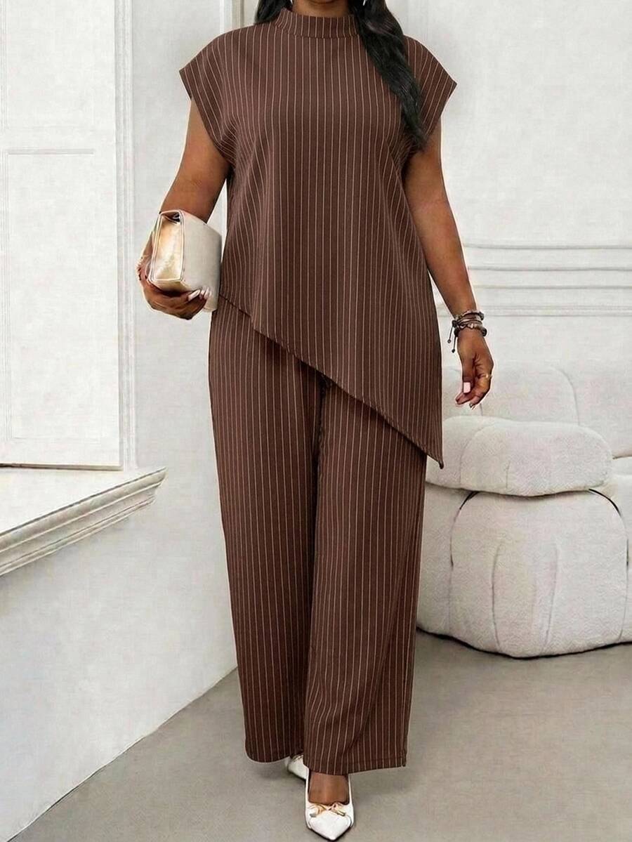 SHEIN Lady Autumn New Plus Size Women's Brown Striped Stand Collar Top (Suitable For Office, Tea Party, Party And Other Occasions, Brown Color) - Multicolor - View 1