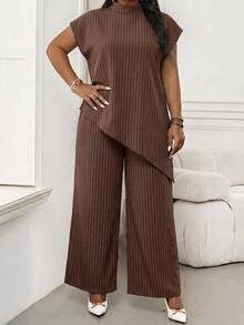 SHEIN Lady Autumn New Plus Size Women's Brown Striped Stand Collar Top (Suitable For Office, Tea Party, Party And Other Occasions, Brown Color) - Multicolor - View 3
