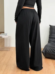 Coolane 女款大尺碼夏季秋季街頭風 Y2K 外出穿著黑色字母印花抽繩腰寬腿休閒運動長褲萬聖節 - 黑色 - 查看 7