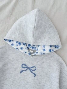 SHEIN Tween Girls Knit Light Tween Girl Gray Patchwork Printed Pattern Bow Embroidery Hooded Autumn Winter Sweatshirt - Light Grey - View 4