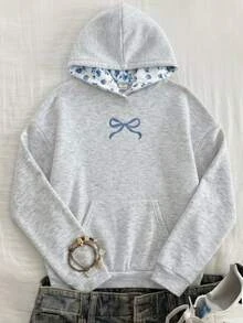 SHEIN Tween Girls Knit Light Tween Girl Gray Patchwork Printed Pattern Bow Embroidery Hooded Autumn Winter Sweatshirt - Light Grey - View 1