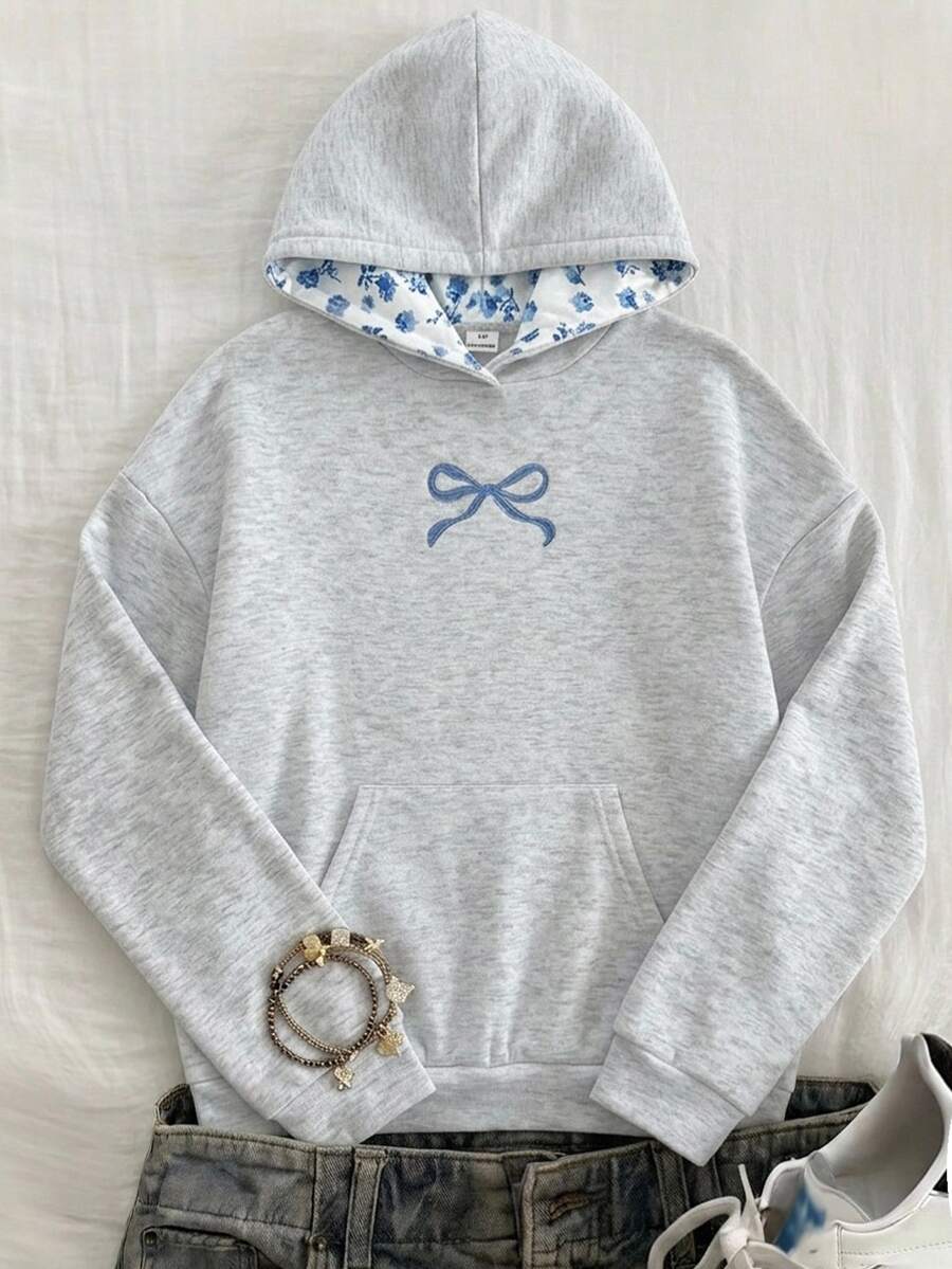 SHEIN Tween Girls Knit Light Tween Girl Gray Patchwork Printed Pattern Bow Embroidery Hooded Autumn Winter Sweatshirt - Light Grey - View 1