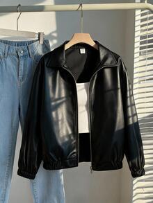 SHEIN 青少年女孩秋冬休閒PU皮革外套，日常秋/冬穿搭 - 黑色 - 查看 2