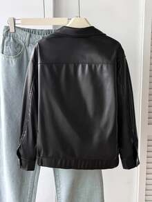 SHEIN 青少年女孩秋冬休閒PU皮革外套，日常秋/冬穿搭 - 黑色 - 查看 9