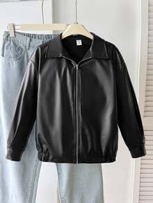 SHEIN 青少年女孩秋冬休閒PU皮革外套，日常秋/冬穿搭 - 黑色 - 查看 3