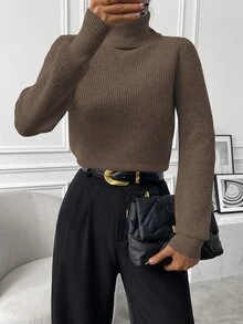 SHEIN 高领灯笼袖毛衣，长袖针织套头衫，秋冬毛衣 - 咖啡棕 - 查看 8