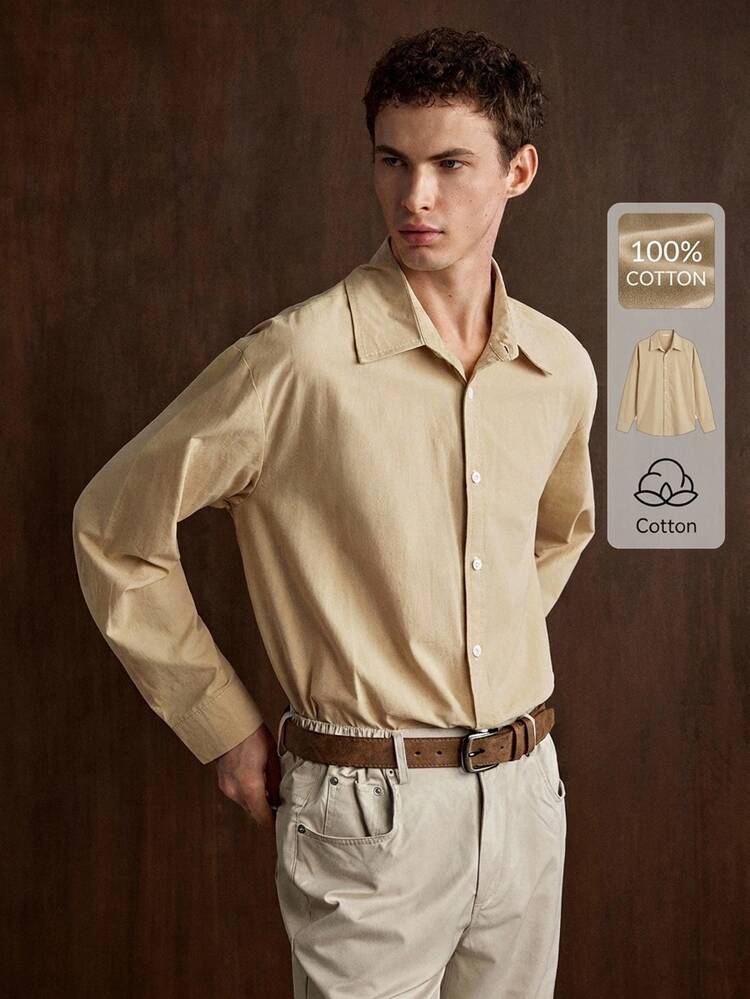 Manfinity CityGents Men's Cotton Khaki Summer Basic Business Casual Office Vacation Beach Stand-Up Collar Solid Color Button Long Sleeve Shirt Formal Old Money Style - Beige - View 3