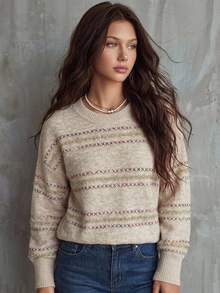 Livesso Women's Wool Fashion Shiny Embroidery Long Sleeve Crew Neck Sweater, Vacation Style - Apricot - View 4