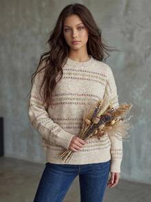 Livesso Women's Wool Fashion Shiny Embroidery Long Sleeve Crew Neck Sweater, Vacation Style - Apricot - View 3