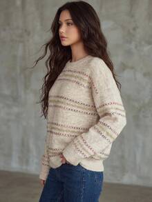 Livesso Women's Wool Fashion Shiny Embroidery Long Sleeve Crew Neck Sweater, Vacation Style - Apricot - View 5
