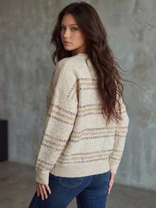 Livesso Women's Wool Fashion Shiny Embroidery Long Sleeve Crew Neck Sweater, Vacation Style - Apricot - View 2