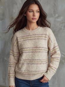 Livesso Women's Wool Fashion Shiny Embroidery Long Sleeve Crew Neck Sweater, Vacation Style - Apricot - View 1