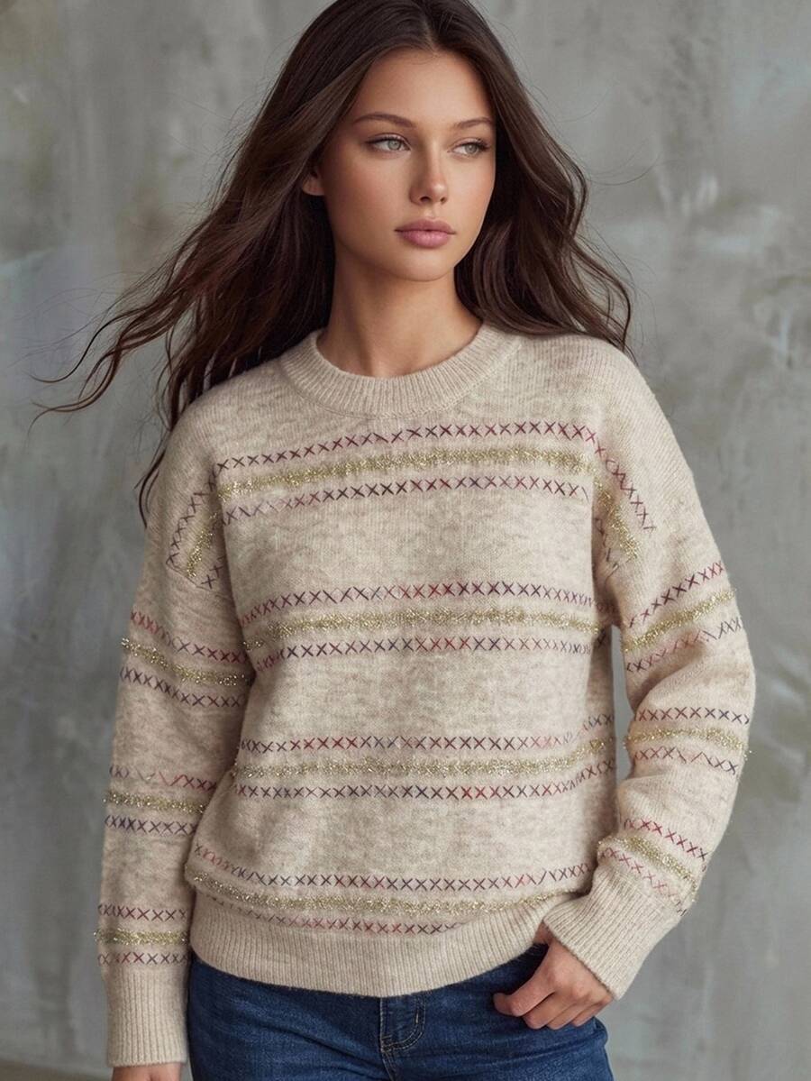 Livesso Women's Wool Fashion Shiny Embroidery Long Sleeve Crew Neck Sweater, Vacation Style - Apricot - View 1