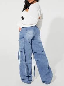 SHEIN ICON Plus Size Casual Washed Cargo Denim Jeans - Blue - View 4