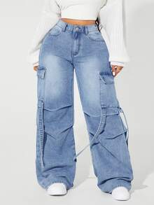 SHEIN ICON Plus Size Casual Washed Cargo Denim Jeans - Blue - View 6