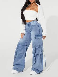 SHEIN ICON Plus Size Casual Washed Cargo Denim Jeans - Blue - View 8