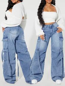SHEIN ICON Plus Size Casual Washed Cargo Denim Jeans - Blue - View 7