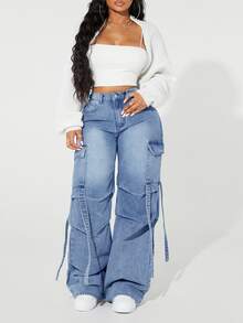 SHEIN ICON Plus Size Casual Washed Cargo Denim Jeans - Blue - View 3