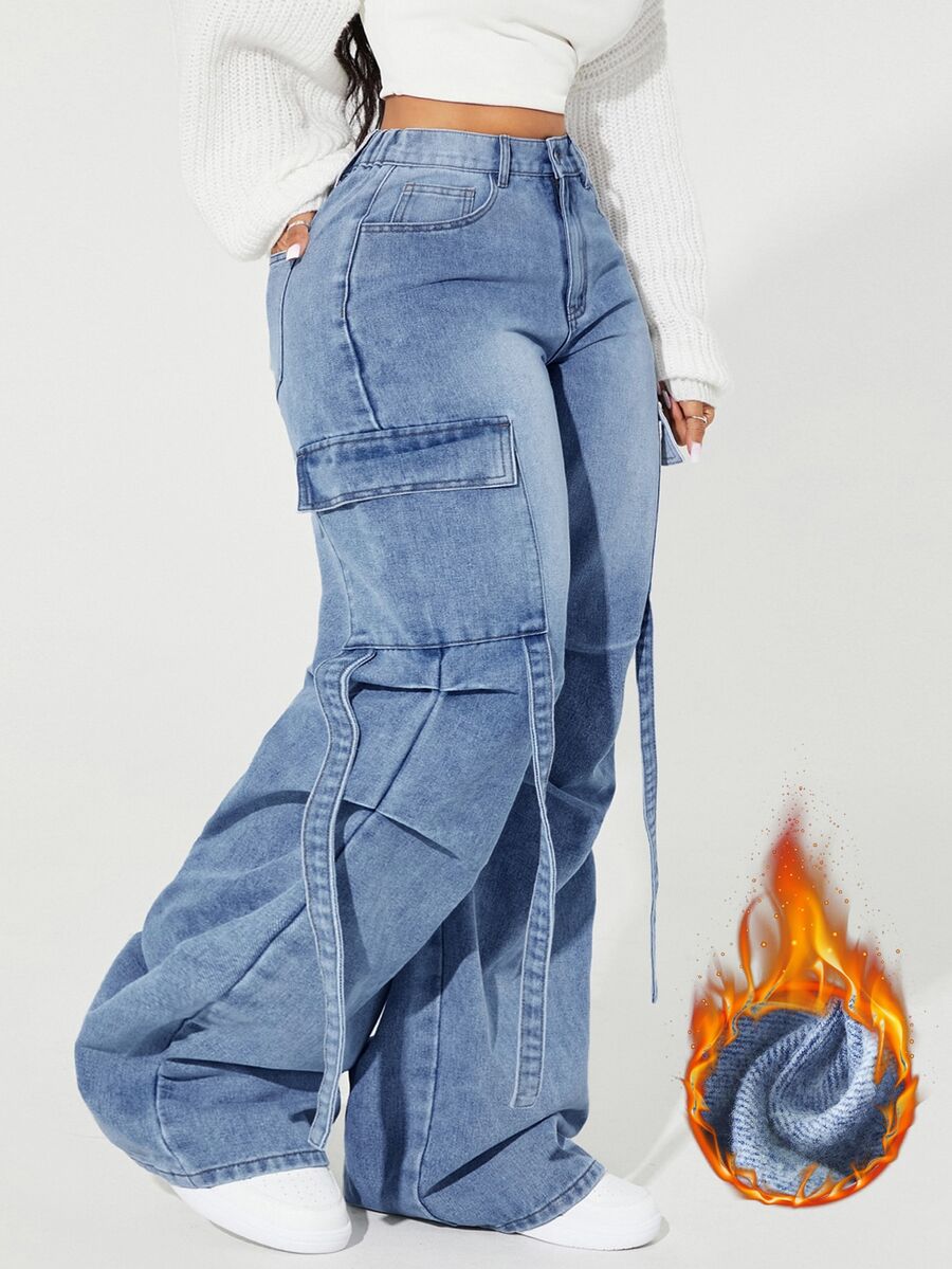 SHEIN ICON Plus Size Casual Washed Cargo Denim Jeans - Blue - View 1