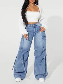 SHEIN ICON Plus Size Casual Washed Cargo Denim Jeans - Blue - View 5