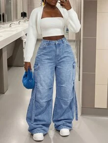 SHEIN ICON Plus Size Casual Washed Cargo Denim Jeans - Blue - View 11