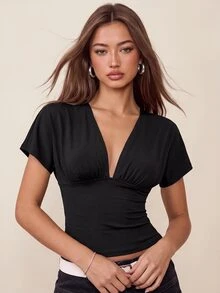 Rina Fox Women's Solid Color Deep V-Neck Back Lace-Up Short Sleeve Sexy Fitted Top Going Out Night Out Date Night Summer - Black - View 7