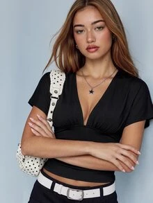 Rina Fox Women's Solid Color Deep V-Neck Back Lace-Up Short Sleeve Sexy Fitted Top Going Out Night Out Date Night Summer - Black - View 1