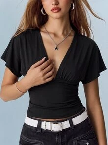 Rina Fox Women's Solid Color Deep V-Neck Back Lace-Up Short Sleeve Sexy Fitted Top Going Out Night Out Date Night Summer - Black - View 5