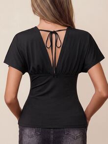Rina Fox Women's Solid Color Deep V-Neck Back Lace-Up Short Sleeve Sexy Fitted Top Going Out Night Out Date Night Summer - Black - View 2