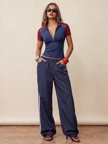 Rina Fox Kaos Wanita Lengan Pendek Model Pas Badan dengan Motif Patchwork Blok Warna - MultiWarna - View 4
