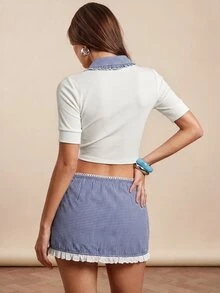 Rina Fox Setelan Dua Potong French Coquette Gingham, Atasan Crop Bergaris dengan Kerah Ruffle & Rok Mini Berumbai. - MultiWarna - View 2