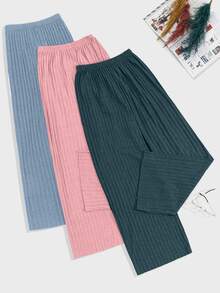 SHEIN TALL SIZE 3pcs Rib Knit Multicolour Fake Drawsting Detail Long Pants Homewear Comfort Casual Women Sleep Bottoms Set For Summer - Multicolor - View 2