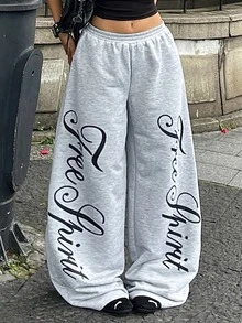 Coolane 男女款大尺碼秋冬街頭風休閒健身寬鬆中腰寬腿彈性腰帶灰色針織印花運動長褲 - 淺灰色 - 查看 5