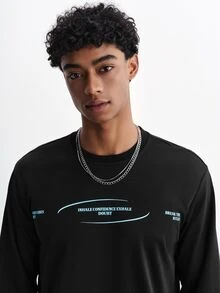 TOKVUE Men's Casual Letter Print Crew Neck Long Sleeve T-Shirt For Daily Wear - Black - View 8