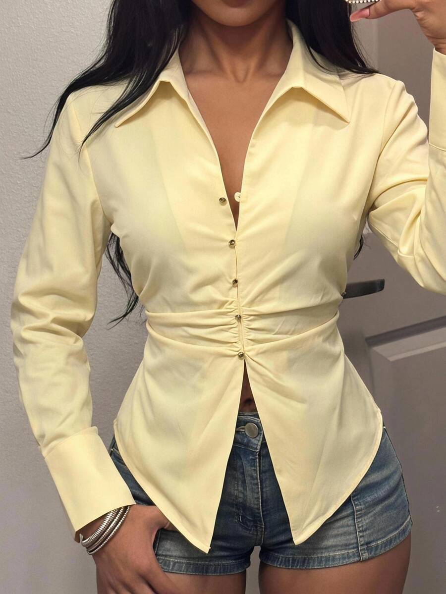 Slaydiva Y2K Street Hot Girl Women Side Ruched Waist Pointed Split Hem Lapel Slim Long Sleeve Shirt