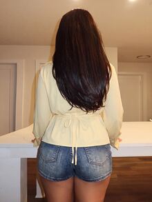 Slaydiva Y2K Street Hot Girl Women Side Ruched Waist Pointed Split Hem Lapel Slim Long Sleeve Shirt - Light Yellow - View 4