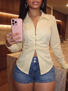 Slaydiva Y2K Street Hot Girl Women Side Ruched Waist Pointed Split Hem Lapel Slim Long Sleeve Shirt - Light Yellow - View 9