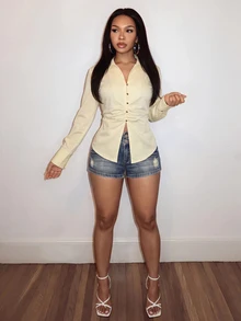 Slaydiva Y2K Street Hot Girl Women Side Ruched Waist Pointed Split Hem Lapel Slim Long Sleeve Shirt - Light Yellow - View 8