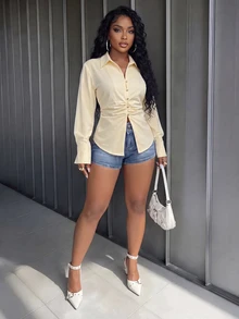 Slaydiva Y2K Street Hot Girl Women Side Ruched Waist Pointed Split Hem Lapel Slim Long Sleeve Shirt - Light Yellow - View 11