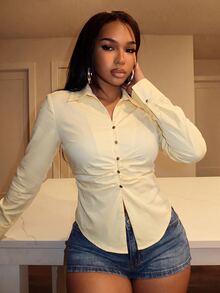 Slaydiva Y2K Street Hot Girl Women Side Ruched Waist Pointed Split Hem Lapel Slim Long Sleeve Shirt - Light Yellow - View 10