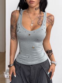 SHEIN X YERIMUA Coolane Women's Eyelet Design Slim Fit Casual Versatile Tank Top - Grey - View 5