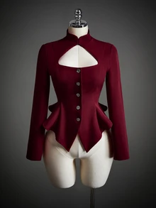 SHEIN ICON Women's Elegant Button Cut-Out Sexy Blazer - Burgundy - View 6