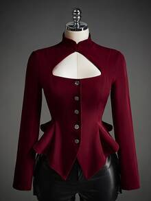 SHEIN ICON Women's Elegant Button Cut-Out Sexy Blazer - Burgundy - View 3