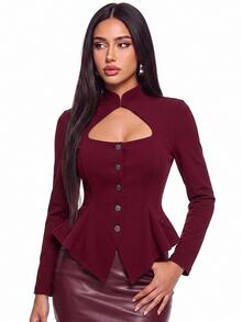 SHEIN ICON Women's Elegant Button Cut-Out Sexy Blazer - Burgundy - View 1