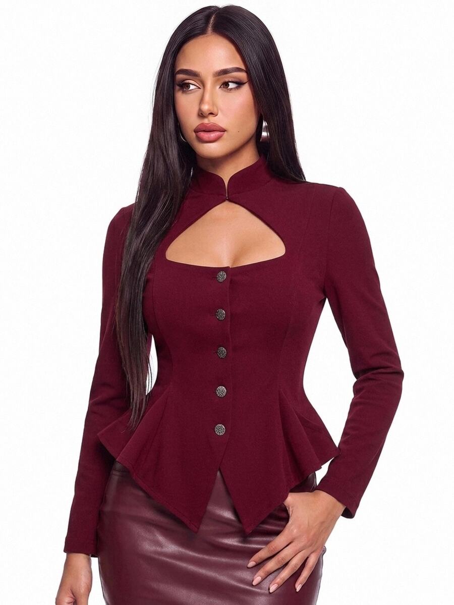 SHEIN ICON Women's Elegant Button Cut-Out Sexy Blazer - Burgundy - View 1