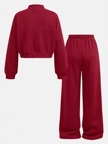 SHEIN 青少年女孩秋季兩件套 長袖拉鍊連帽外套 + 寬腿運動長褲 休閒套裝，適合日常穿著、街頭風、舒適 - 紅色 - 查看 2