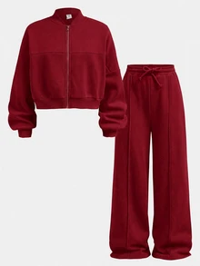 SHEIN 青少年女孩秋季兩件套 長袖拉鍊連帽外套 + 寬腿運動長褲 休閒套裝，適合日常穿著、街頭風、舒適 - 紅色 - 查看 3